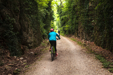 Cyclist on forest path