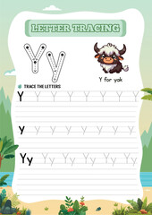 Animal letter tracing worksheet for kids Yy