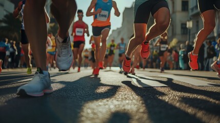 City sports race, running marathon, cross country, running people around the city