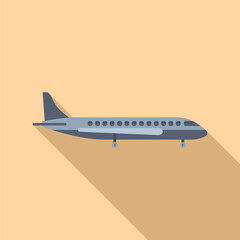 Illustration of a passenger airplane flying in the blue sky, side view, with a long shadow