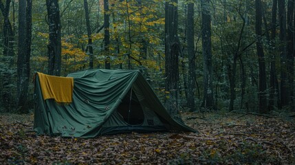 Camping Tent in a Misty Forest