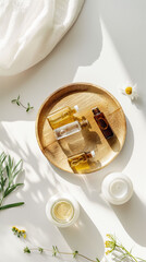 Small bottles with Essential oils in wooden bowl with flowers, well-being concept. Top view to SPA or aromatherapy concept