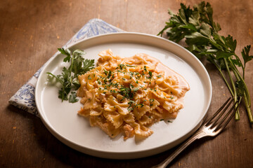 butterfly pasta with smoked salmon cream sauce and parsley
