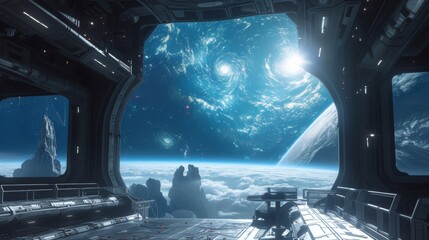 A futuristic space station provides a view of Earth from above, The inside of a futuristic space station overlooking a distant galaxy, AI Generated