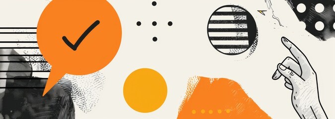 a hand pointing at an orange speech bubble on the left side of page, with some text inside it