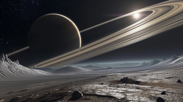 An artists interpretation of Saturn and its distinctive rings captured from one of its moons, The rings of Saturn as seen from one of its moons, AI Generated - Powered by Adobe