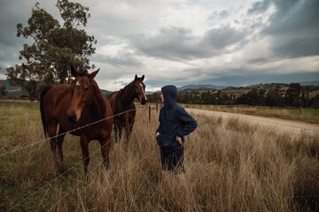 Teen boy standing at farm fence interacting with horses