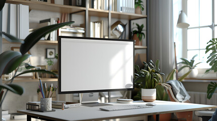 Modern Home Office Workspace with Blank Computer Monitor