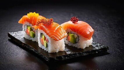 Elegant Palette of Hues, A Minimalist Perspective on Traditional Colorful Sushi Arranged on a Stone Plate