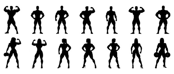 Male and female bodybuilder silhouette front view black filled vector Illustration icon. Muscleman vector. Muscle builder silhouette. 