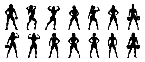 Female bodybuilder silhouette front view black filled vector Illustration icon. Muscleman vector. Muscle builder silhouette. 