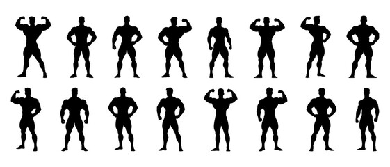 Male bodybuilder silhouette front view black filled vector Illustration icon. Muscleman vector. Muscle builder silhouette. 