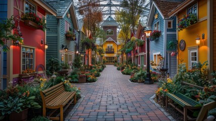 A colorful street with a brick walkway and benches