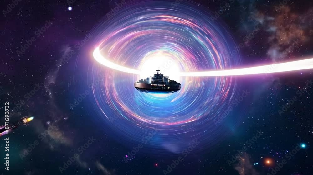 Aufkleber A hyperrealistic animation of a wormhole vortex pulsating with vibrant energy, transporting a spaceship through the depths of space,