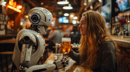 Ai and human having fun together, drinking beer