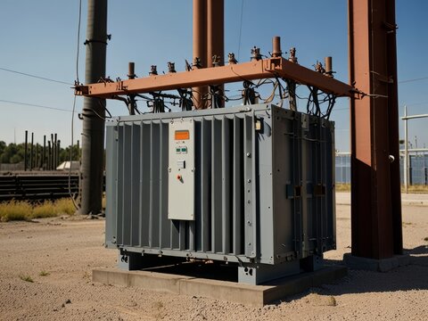 A transformer at an electrical substation. Transmission of electricity.