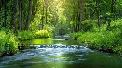Obraz premium A peaceful river flowing through a lush green forest, ample copy space
