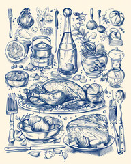 intricate blue culinary illustration featuring gourmet ingredients and utensils, detailed cooking scene