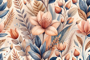 Watercolor floral pattern with blue, brown, and peach tones
