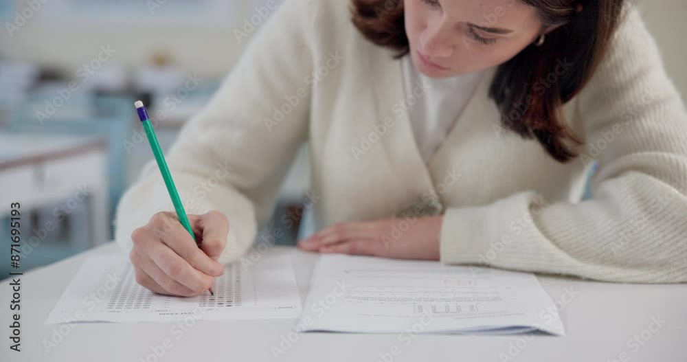 Poster girl, hands and writing with paper for exam, test or quiz for multiple choice or knowledge in classr