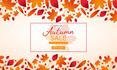 Autumn sale design with autumn leaves, suitable for shopping sale or promo poster or web banner. Vector illustration horizontal template design.