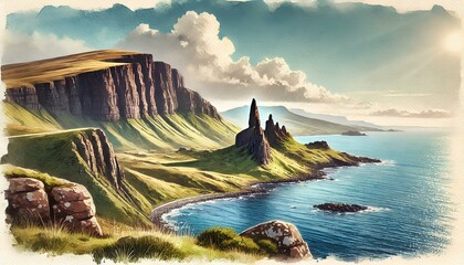 Isle of Skye with coastal cliffs, green hills, and Old Man of Storr under a clear sky.