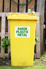 Paper Plastic Metal. Yellow waste sorting container. Terms and duty
