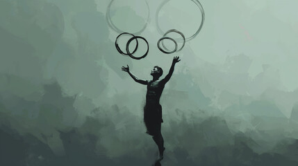 Silhouette of juggler with rings in abstract background