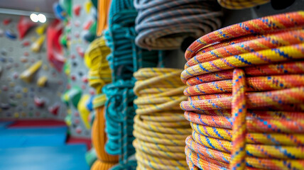 Highlight a stack of brightly colored climbing ropes neatly coiled up in a climbing gym 