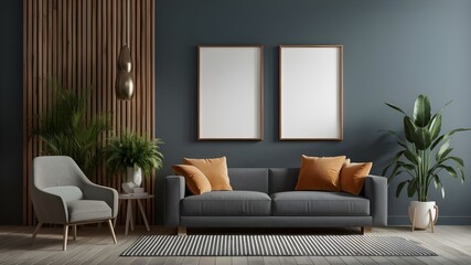 Modern luxury interior designs. Empty painted wall for mockup. accent furniture and a blank background. mockup wall, Two vertical empty frames on the wall, interior mockup, mockup, mockup for PSD
