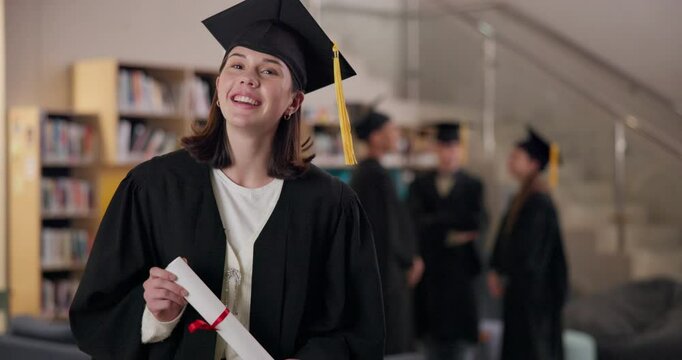 Happy girl, graduation and student with qualification for future, milestone or certificate at campus. Portrait of female person or young graduate with smile for diploma, degree or award at university