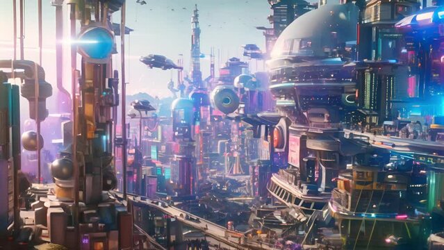 An advanced metropolis skyline bustling with activity