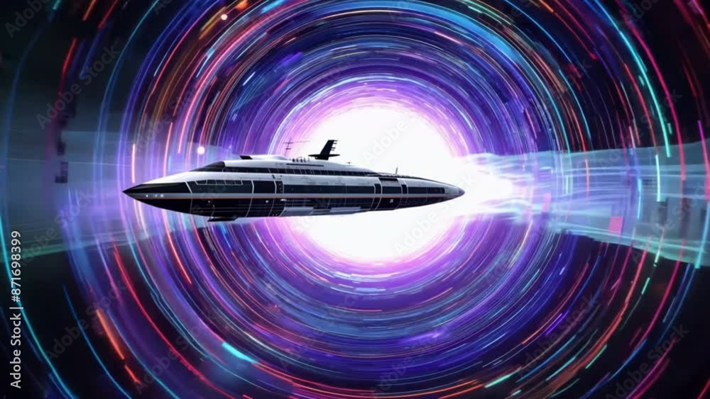 Poster A hyperrealistic animation of a wormhole vortex pulsating with vibrant energy, transporting a spaceship through the depths of space,