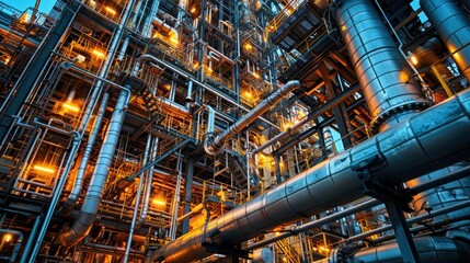 A large industrial plant with many tall towers and a sunset in the background