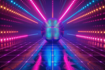 80s theme - Vibrant disco dance floor, disco ball and neon lights.