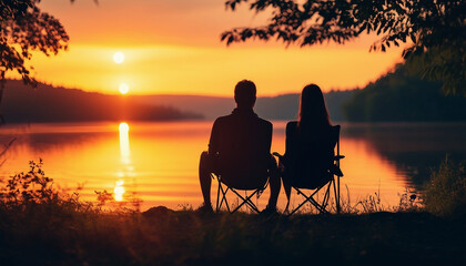 silhouette of couple sitting on camping chair and watching sunset view