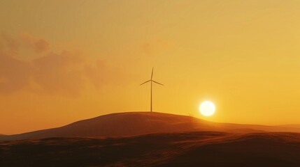 Obraz premium Sunrise view of wind turbine on hill with empty space