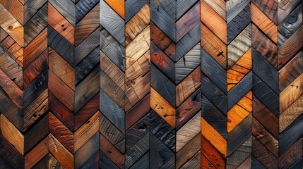 Fototapeta premium Beautiful wooden parquet floor in herringbone pattern with rich, varied tones of brown, orange, and charcoal for interior design inspiration.