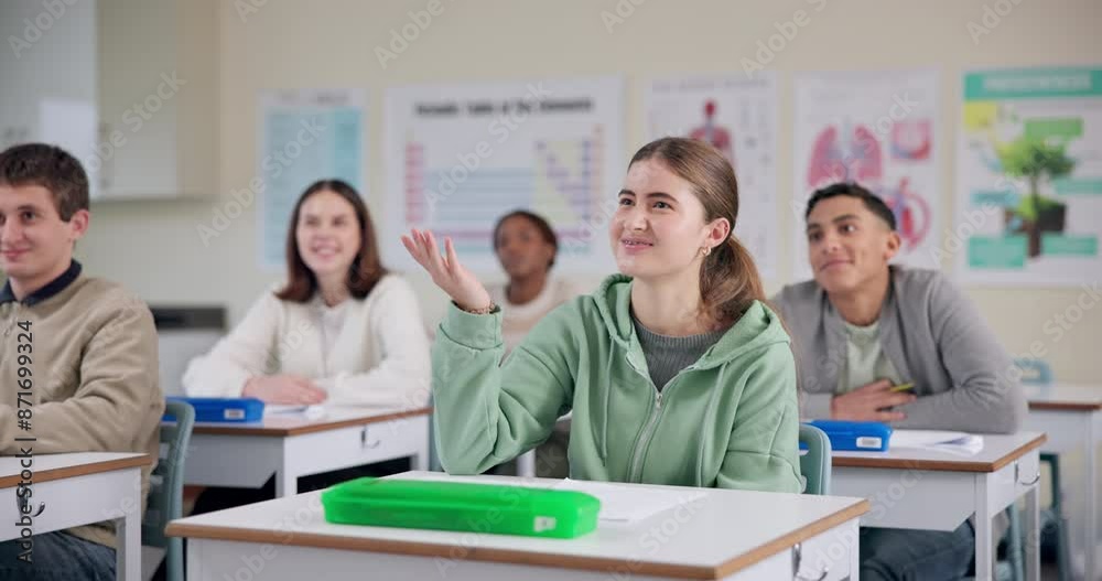 Poster girl, student and raised hand for question in classroom with answer, knowledge and learning in educa