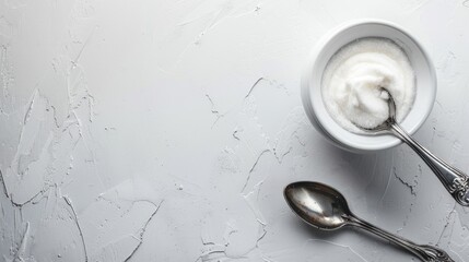 White sugar bowl and silver spoon with ample copyspace from above