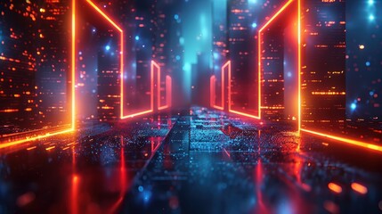 Futuristic neon corridor with glowing lights, reflecting surfaces, and a sci-fi atmosphere, showcasing advanced technology and digital aesthetics.