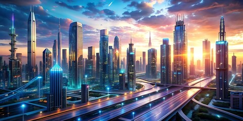 Futuristic cityscape with AI-powered technology and advanced infrastructure, generative ai
