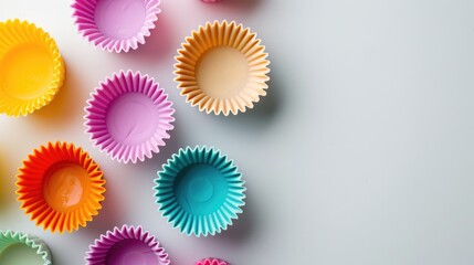 Silicone cake baking molds in various colors on white backdrop with space for text