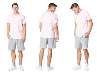 Man png mockup in pink t-shirt basic wear set