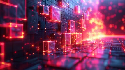 Abstract futuristic digital technology background with glowing red and blue cubes and grid elements, perfect for tech themes and innovation.