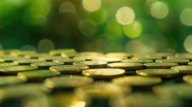 Rows of coins in close up with blurred green background representing finance and business ideas on table with copy space Concept of money saving business and financial accounting