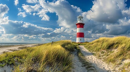 Panoramic view of a lighthouse located on the coast of North Sea, Germany