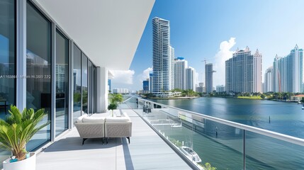 Photoshoot of a modern balcony, highlighting contemporary architectural design and development. Stunning clear skyline view with canals and a beach in a commercial area