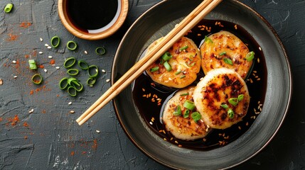 Traditional Chinese turnip cake with soy sauce and chopsticks in restaurant setting top view