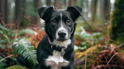 Obedient mixed breed dog in forest standing on green grass gazing at the camera